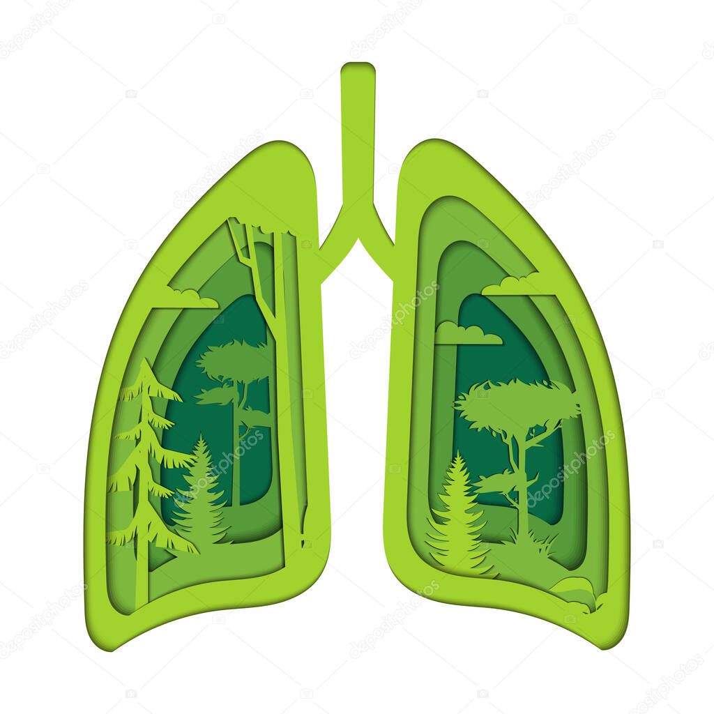 Save The Environment To Save Life Concept. Abstract Light Green Human Lungs Outline Isolated On White Background With Green Nature, Forest, Healthy Environment Inside. Flat Style Vector Illustration