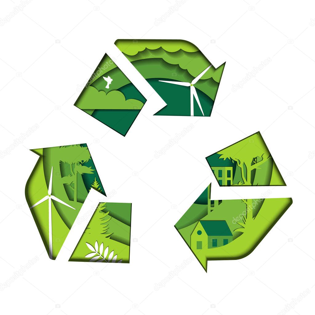Eco Friendly, Recycling, Environment Conservation Concept. Layered Light Green Recycle Sign Decorated WIth Parts Of Green Environment, Isolated On White Background. Flat Style Vector Illustration.