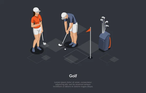 골프, 호비, 현대볼 게임 컨셉트. 골프 장비와 다양 한 클럽을 사용하는 선수들은 가능 한 한 몇 번의 뇌졸중으로 홀츠 시리즈로 진출 한다. 3Vector Illustration 를 예로 들어 봅시다 — 스톡 벡터