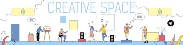 Creatieve ruimte, imaginatie concept. Creatieve mannelijke en vrouwelijke personages die gitaar spelen, schilderen, poëzie reciteren, naar muziek luisteren en dansen. Horizontale lineaire vlakke stijl vectorillustratie — Stockvector