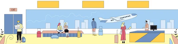 Airline Travels, Konzept für internationale Flüge. Menschen mit Gepäck kaufen Tickets für ein Flugzeug und warten auf einen Flug am Flughafen. Bunte horizontale lineare flache Vektor-Illustration — Stockvektor