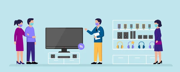 Electronics Store Concept. Personas que eligen electrodomésticos para comprar en el supermercado de electrónica. El vendedor aconseja sobre descuento de TV, auriculares, altavoces. Dibujos animados Estilo plano Vector Ilustración — Vector de stock