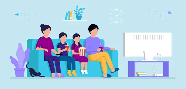 Home Cinema Concept. Genitori e bambini seduti sul divano davanti allo schermo della TV. Famiglia che guarda film, bambini che bevono cola e mangiano popcorn. Illustrazione del vettore del fumetto nello stile piano — Vettoriale Stock