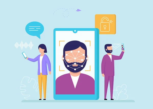 Face Recognition, Device Unlock Concept. Cartoon Characters Use Face Identificaton On Smartphone Or Tablet To Get Access To Text Or Voice Messages And Other Functions. Flat Style Vector Illustration — Stock Vector