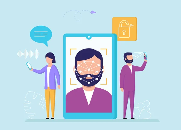 Reconocimiento facial, concepto de desbloqueo de dispositivos. Los personajes de dibujos animados utilizan la identificación facial en el teléfono inteligente o la tableta para obtener acceso a mensajes de texto o voz y otras funciones. Estilo plano Vector Ilustración — Vector de stock