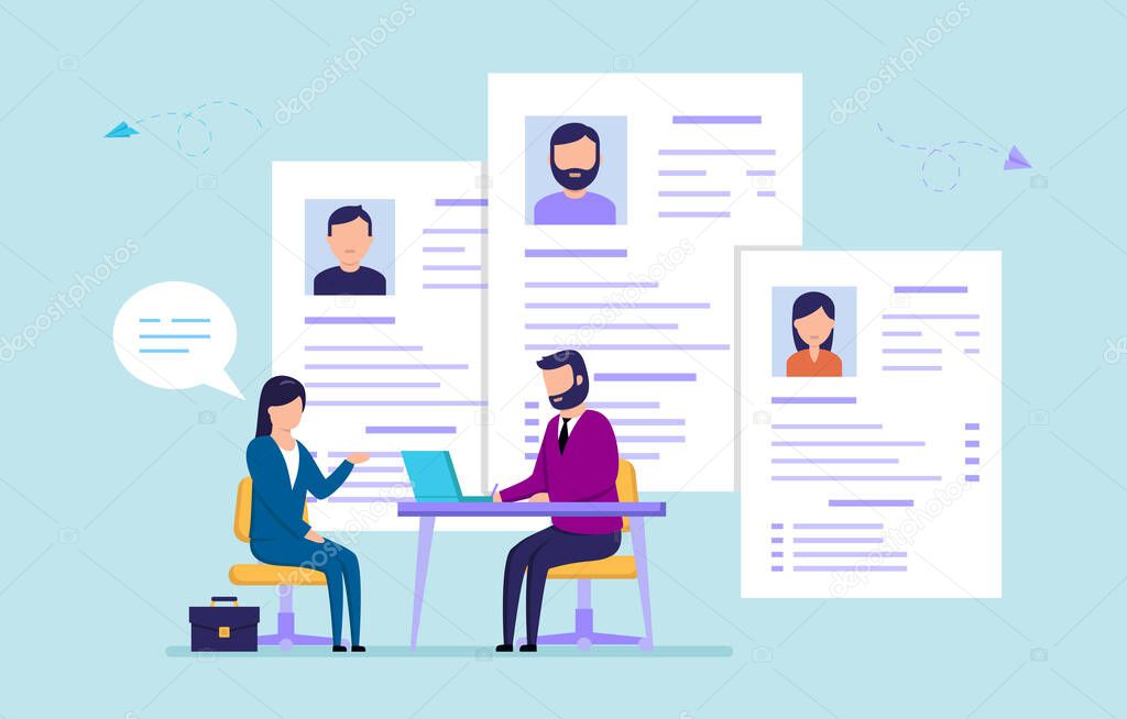 Office Work, Recruitment, HR Service Concept. HR Manager Interviewing Female Worker, Checking Resume Of Candidates, Hiring Right Employees For Company. Cute Cartoon Flat Style Vector Illustration