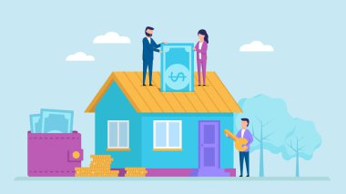 Turnkey Emlak Yatırımları, Gayrimenkul Konsepti. Ajanlar şehrin herhangi bir yerinde kısa ya da uzun süreli bir ev almayı ya da kiralamayı teklif ediyorlar. Sevimli Renkli Çizgi Film Vektör Çizimi Düz Biçimli