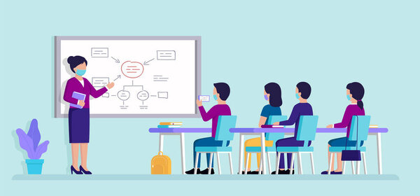 Education And Studies Concept. Pupils In The Classroom Or Students In Auditory Studying, Listening The Lecture And Making A Photo Of Sheme On Blackboard. Cartoon Vector Illustration In Flat Style