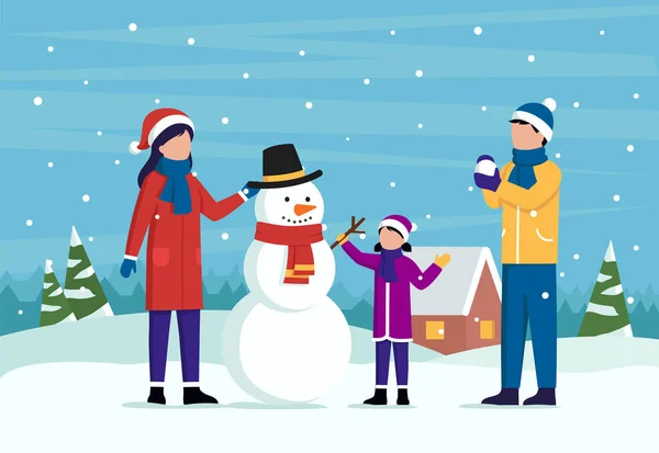 Családi Tél Szabadtéri időtöltés koncepció. Férfi és női karakterek téli ruhákban, egy gyerekkel, akik egy hóembert formáznak sálas kalapban. Színes rajzfilm vektor illusztráció lapos stílusban — Stock Vector