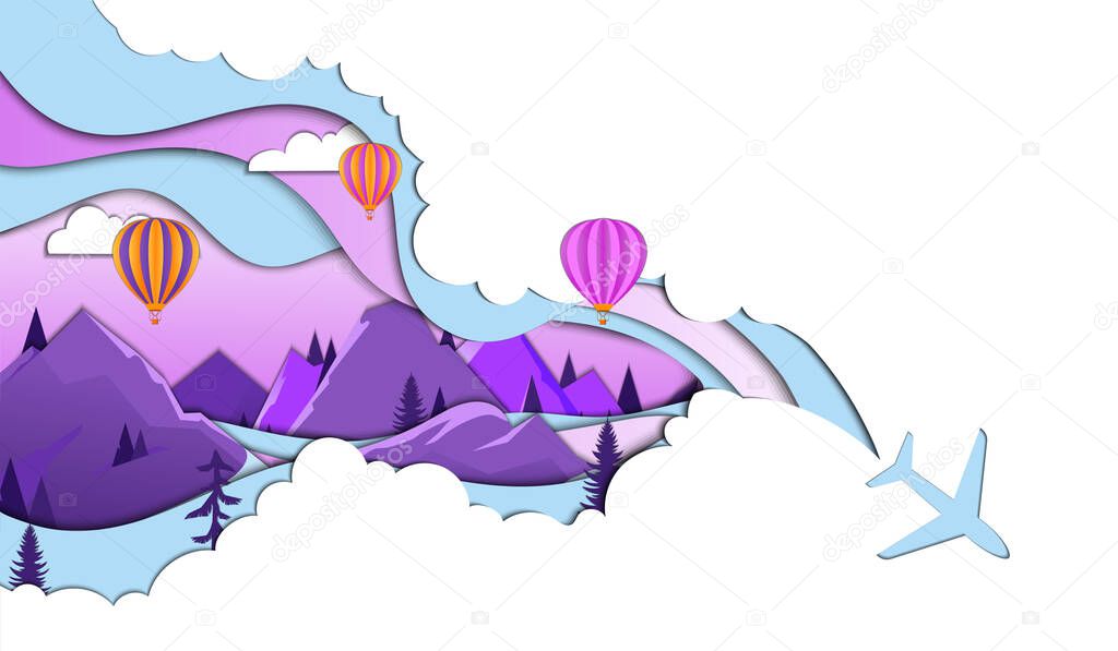 Skydiving, Jumping With Parachute Concept. The Airplane Releasing Parachutes Over The Mountains. Minimalistic Paper Cut Design Composition Isolated On White Background. Flat Style Vector Illustration