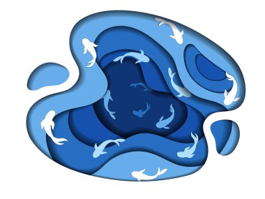 Okyanus, Deniz, Göl, Nehir, Su Barajı Konsepti. İçinde balıklar ya da yunusların yüzdüğü mavi su döngüsü. Minimalist Katmanlı Kağıt Kesiği Tasarımı, Düz Şekilde Yaratıcı Soyut Vektör İllüstrasyonu