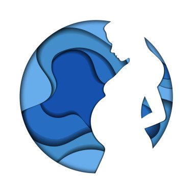 Hamilelik, Sağlık Bakım Konsepti. Genç Müstakbel Annesi Hamile Kadın Silüeti olan Mavi Renkli Soyut Logo. Minimalist Kağıt Kesiği Tasarım Bileşimi, Düz Biçim Vektör İllüstrasyonu