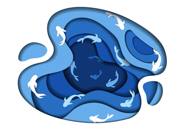 Ocean, Sea, Lake, River, Water Reservoirs Concept. Blue Water Cycle With Fishes Or Dolphins Swimming Inside. Minimalistic Layered Paper Cut Design, Creative Abstract Vector Illustration In Flat Style
