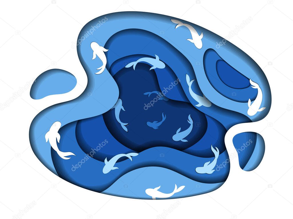 Ocean, Sea, Lake, River, Water Reservoirs Concept. Blue Water Cycle With Fishes Or Dolphins Swimming Inside. Minimalistic Layered Paper Cut Design, Creative Abstract Vector Illustration In Flat Style