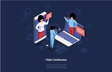 Modern Video Konferansının 3D Vektör İllüstrasyonu. Telefon, dizüstü bilgisayar ve tablet olarak farklı Gadget 'lardan iletişim kuran üç çizgi film karakteri. Çevrimiçi İş Buluşma Kavramı Kompozisyonu