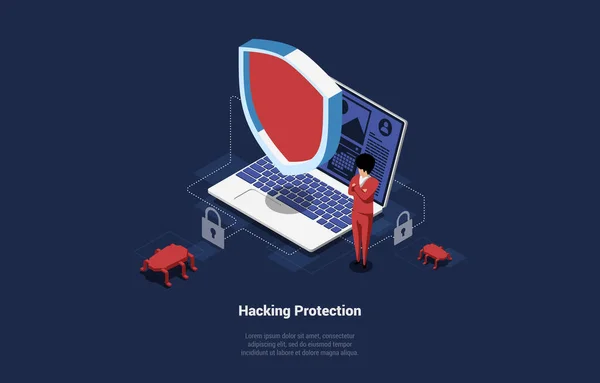 Composición isométrica 3d con concepto de protección contra el hacking. Ilustración de la historieta del vector del ordenador portátil con el escudo rojo que defiende la computadora del peligro, hombre que está parado cerca. Cerraduras, escribir sobre fondo oscuro — Archivo Imágenes Vectoriales