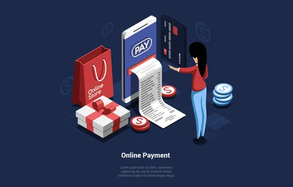 Online Payment Concept Διάνυσμα Σύνθεση σε 3D ισομετρική στυλ. Εικονογράφηση κινουμένων σχεδίων του μεγάλου Smartphone Εκτύπωση Έλεγχος για γυναίκα στέκεται κοντά σε αυτό. Internet Store και χρήματα που πληρώνουν. Κουτί, κέρματα — Διανυσματικό Αρχείο