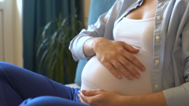 Mujer embarazada acariciando su vientre — Vídeos de Stock