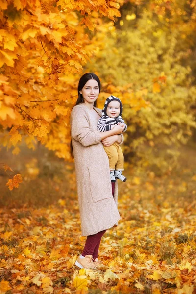 Matka se synem v podzimním parku — Stock fotografie