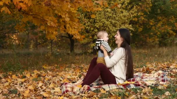 Moeder met zoon in herfstpark — Stockvideo