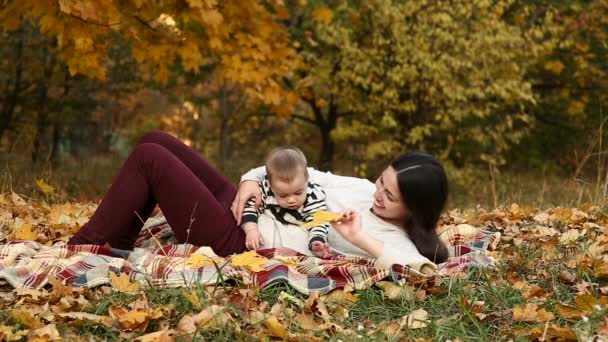 Madre con hijo en el parque de otoño — Vídeos de Stock