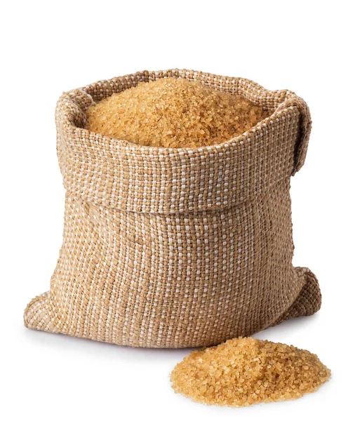 Brown cane sugar in burlap bag — Stock Photo, Image