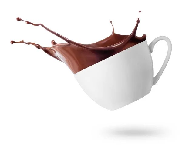 Tasse Chocolat Cacao Renversé Avec Éclaboussure Isolée Sur Fond Blanc — Photo