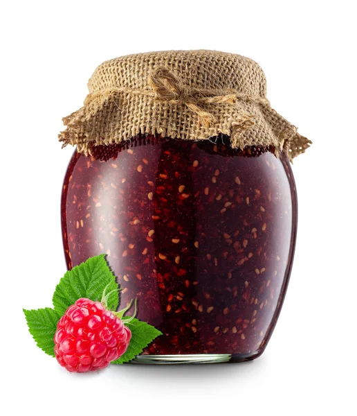 Confiture de framboises en pot isolé — Photo