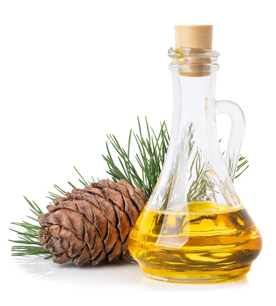 Cedar oil in glass bottle — Stock Photo, Image