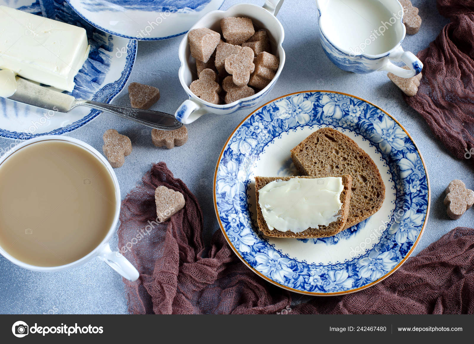 Bread Butter Blue Plate Tea Milk Sugar Cane Refined Scattered Stock Photo Image By C Natalieina17 Bread Butter Blue Plate Tea Milk Sugar Cane Refined Scattered Stock Photo Image By C Natalieina17