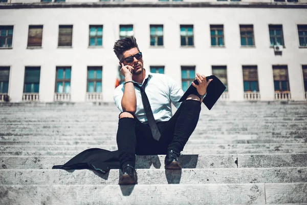 Depressed Unsuccessful Businessman Feels Terrible Headache Hands Shocked Bankruptcy Stock — Stock Photo, Image