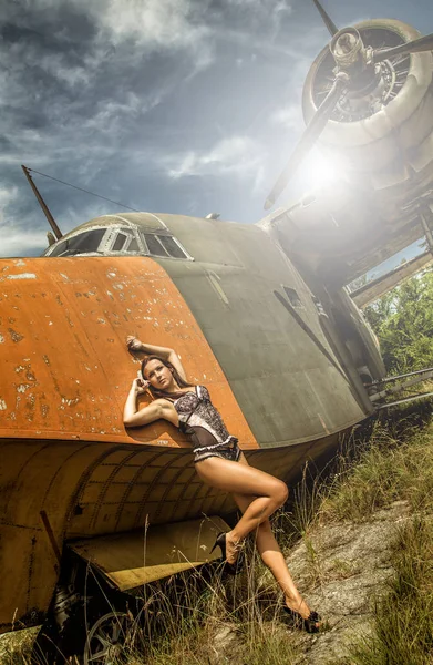 Portrait Beautiful Young Girl Sexy Lingerie Old Abandoned Broken Plane — Stock Photo, Image