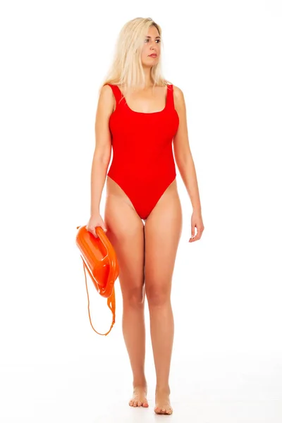 Jolie Jeune Sauveteur Blonde Maillot Bain Sexy Rouge Avec Sauvetage — Photo