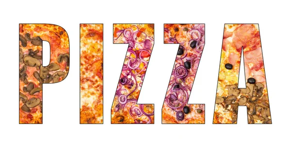 Banner Met Verschillende Pizza Tekst Geïsoleerd Witte Achtergrond — Stockfoto