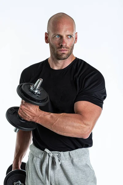 Muscular Hombre Entrenamiento Con Mancuernas —  Fotos de Stock