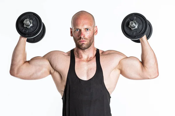 Hombre Musculoso Posando Con Mancuernas Sobre Fondo Blanco — Foto de Stock