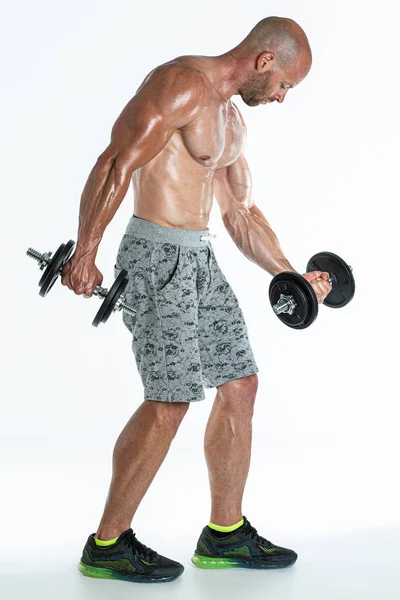 Hombre Con Torso Desnudo Piel Brillante Entrenando Con Pesas —  Fotos de Stock