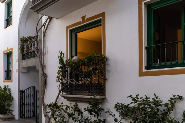 Yaşlı kadın balkonda dinleniyor, akşamları çiçeklerle, Büyük Kanarya