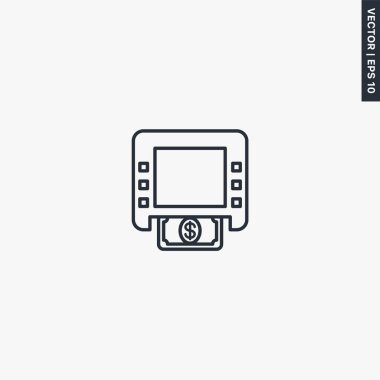 ATM, para çekme, mobil konsept ve web tasarımı için doğrusal stil işareti. Sembol, logo çizimi. Piksel mükemmel vektör grafikleri