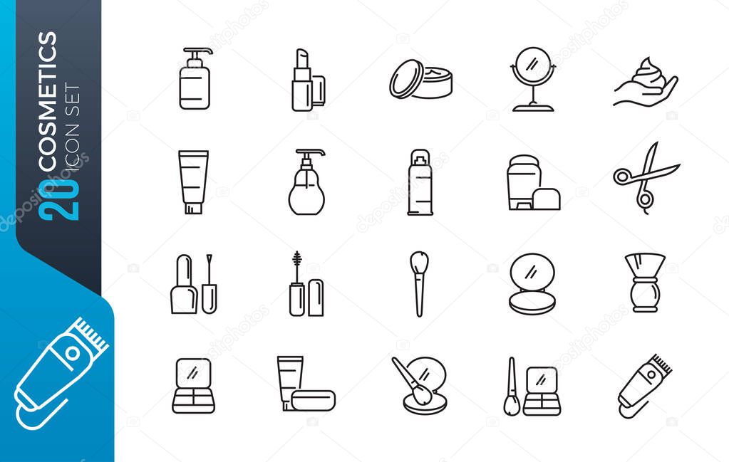 Simple Set of Cosmetics Related Vector Line Icons. Contains such Icons as Cream Bottle, Lipstick, Makeup Brush and more