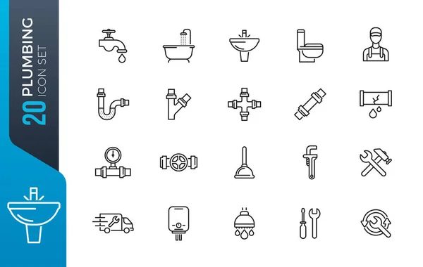 Plumbing Sanitary Equipment Line Icons Contains Toilet Sink Bathtub Pipe — Stock Vector