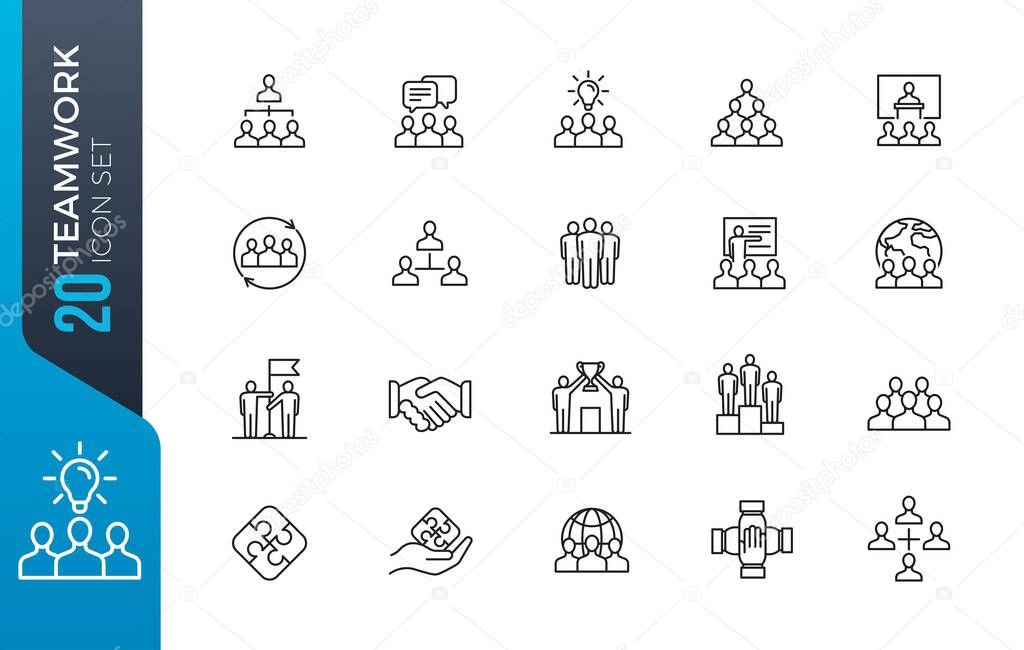 Simple Set of Team Work Related Vector Line Icons. Contains such Icons as Collaboration, Research, Meeting and more.