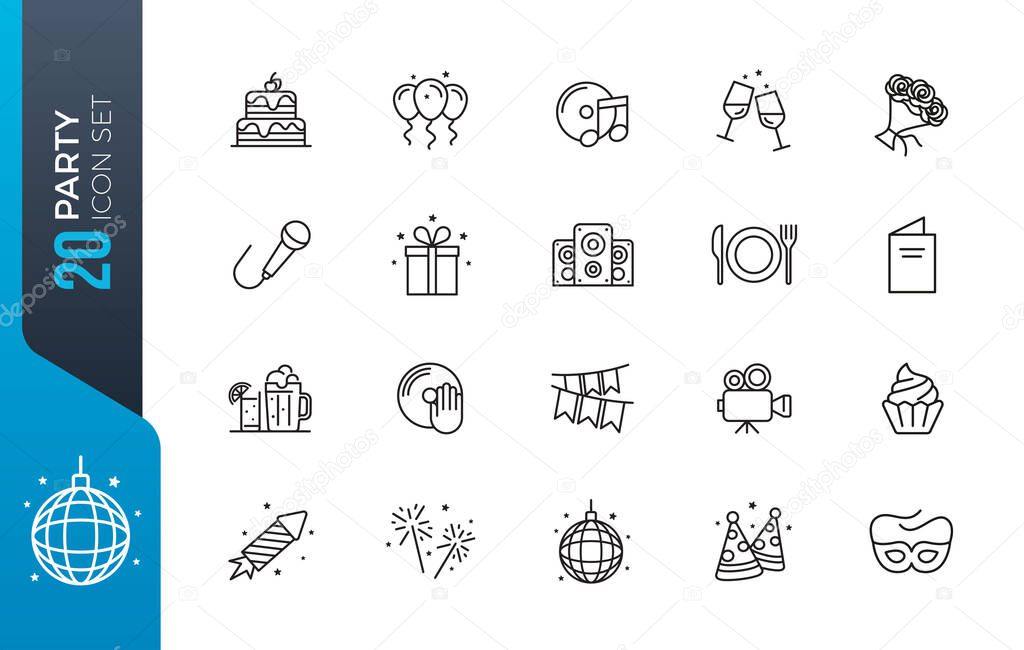 Simple Set of Related Vector Line Icons. Contains such Icons as Bouquet of Flowers, Karaoke, Dj, Masquerade and more. 