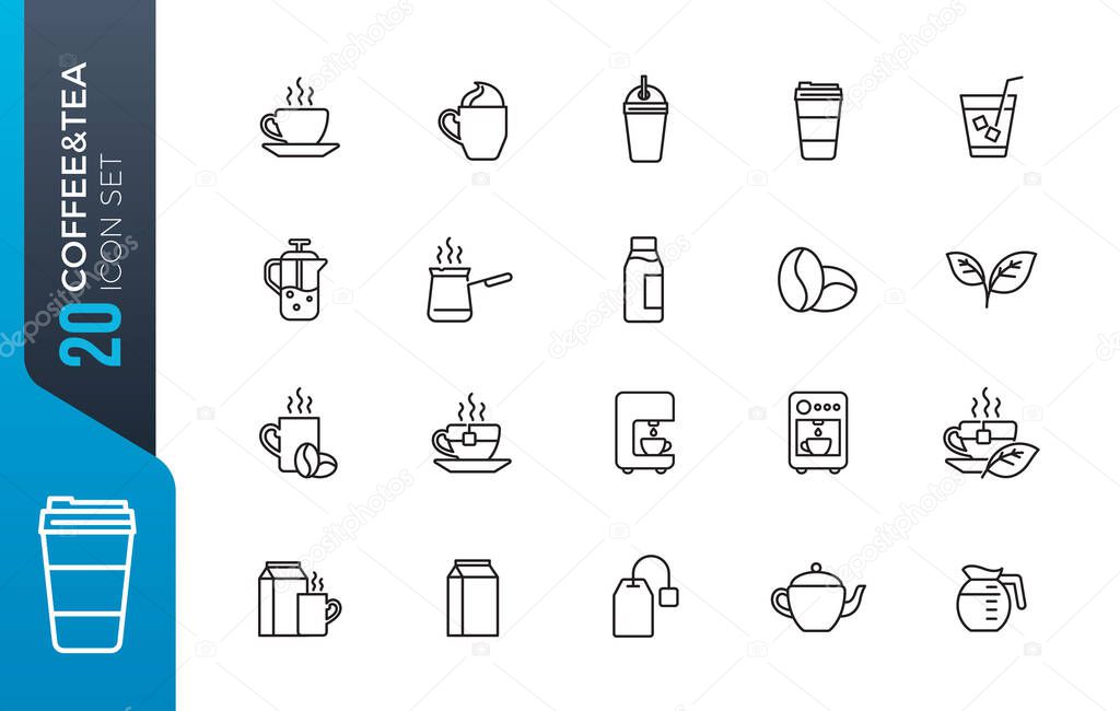 Coffee and Tea line icons. Cappuccino, Teapot and Coffeepot. Coffee beans linear icon set. Quality line set.