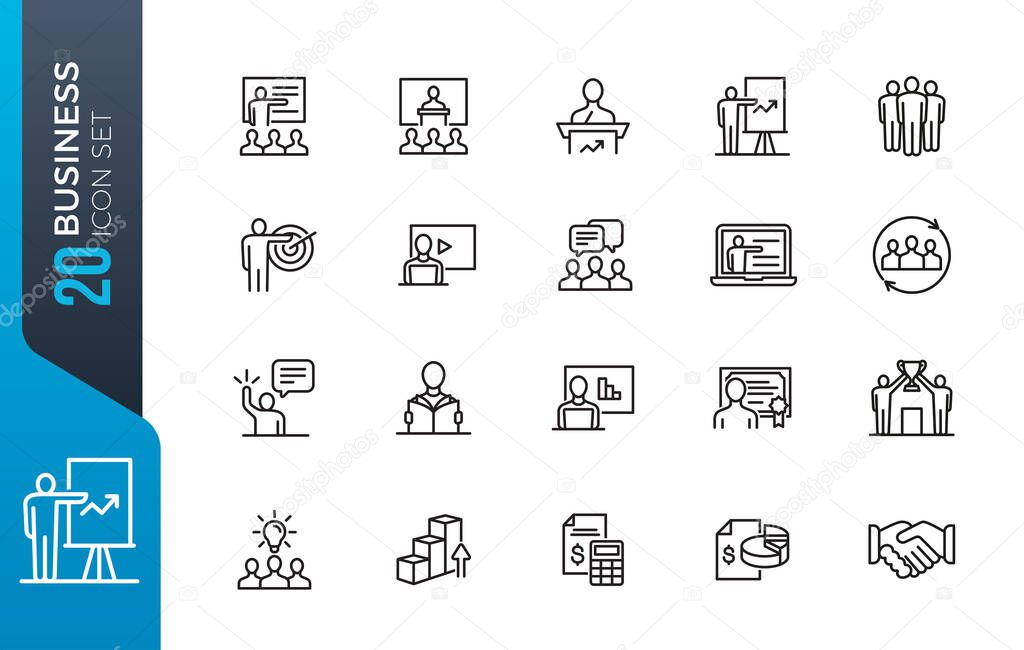 Simple Set of Business Training Related Vector Line Icons. Contains such Icons as Presentation, Class, Mentoring and more.