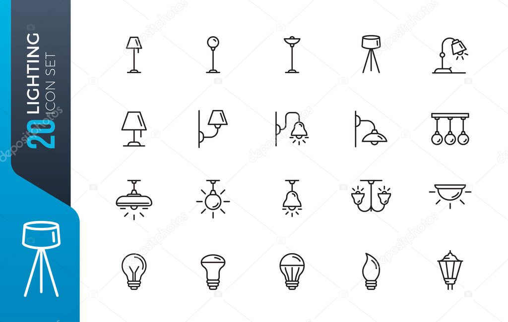 Lightning icons set. Set of loft track spots, metal pendants, wall sconce, floor lamp, torchere, lightbox, back light, ceiling chandelier, street lights isolated vector icons