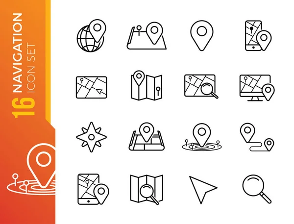 Navegação Localização Mapa Line Vector Icons Set Contém Mapa Com —  Vetores de Stock