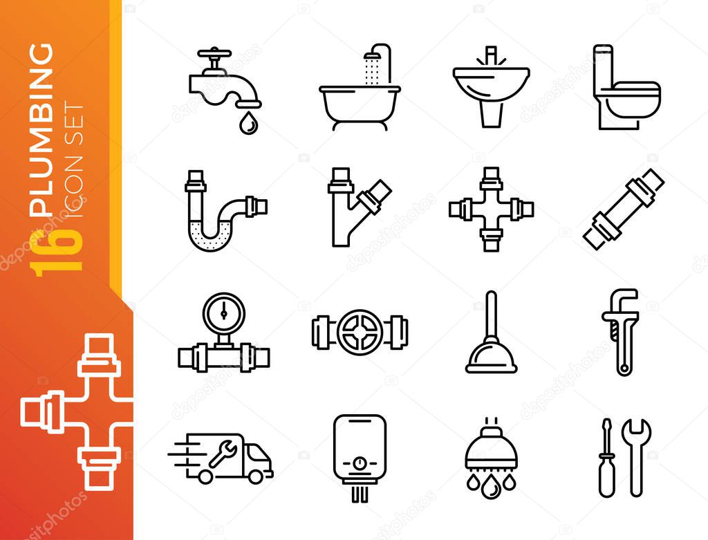 Plumbing and Sanitary Equipment Line Icons contains Toilet, Sink, Bathtub, Pipe, Water Meter and more. Editable Stroke.