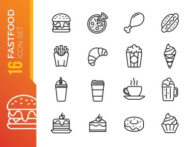Fast food hattı ikonu seti. Hamburgerli sandviç sosisli sandviç kola kahve tatlısı