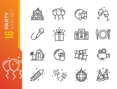 İlgili Vektör Satır Simgelerinin Basit Kümesi. Çiçek Buketi, Karaoke, Dj, Maskeli Balo ve daha fazlası gibi ikonlar içeriyor. 